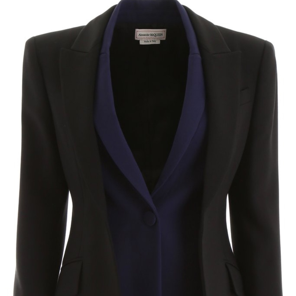 Alexander McQueen Black and Navy Satin-Trim Blazer - Picture 2 of 9